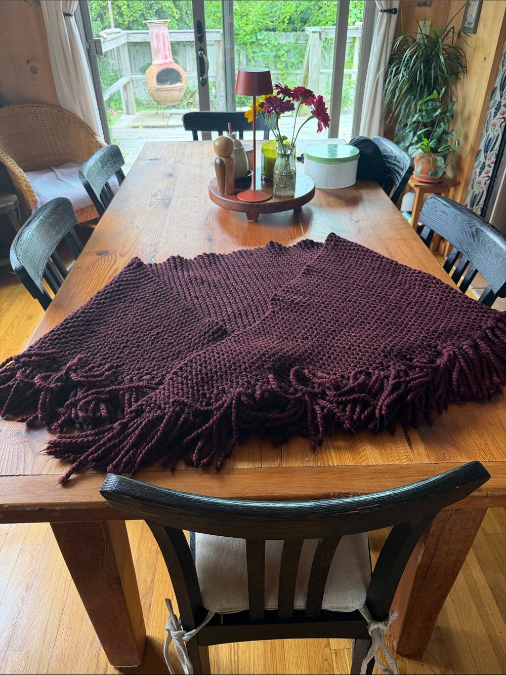 Chunky Knit Fringe Throw Blanket - Deep Burgundy/claret 24”.From Esty, worn once